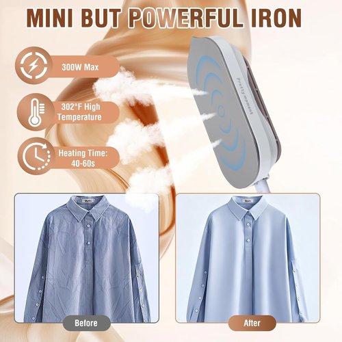 Biupky Mini Travel Iron - Fast Heating 300W Dry Iron with Ceramic Non-Stick Soleplate | Lightweight 0.8lbs