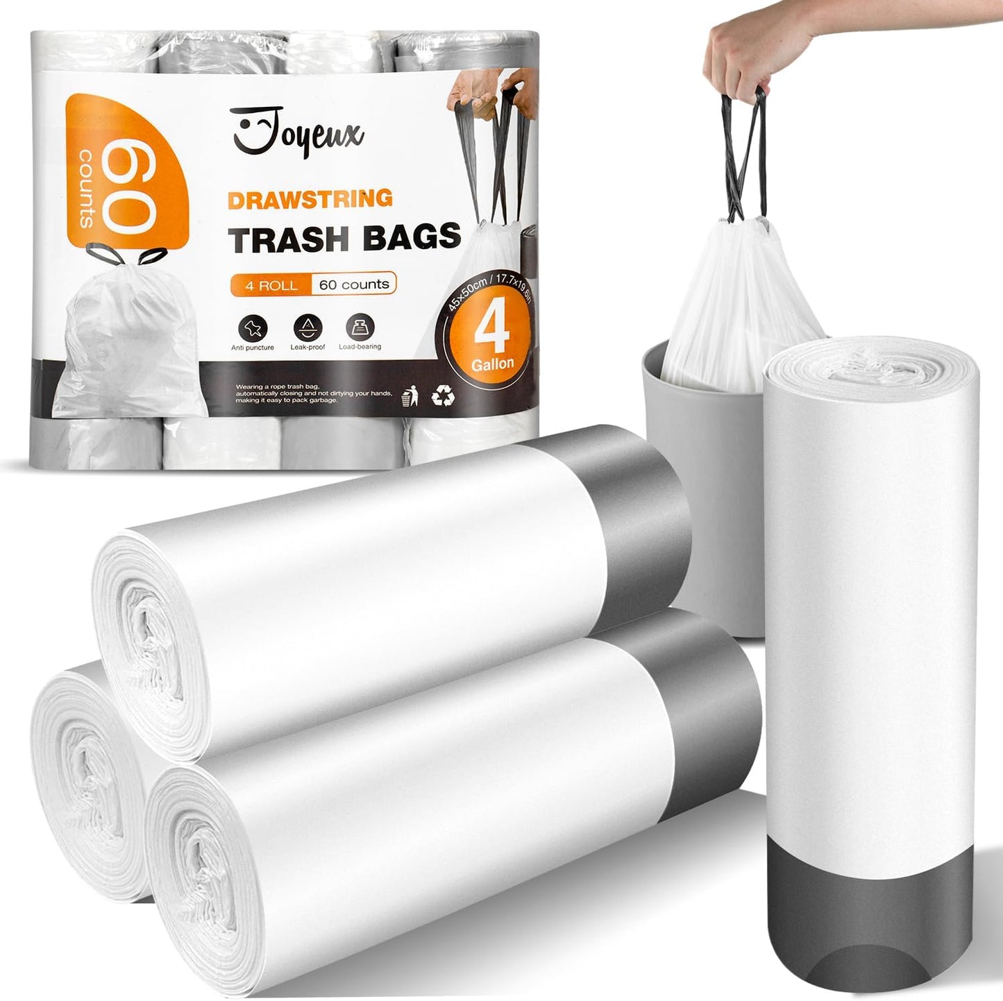 Small Trash Bags 4 Gallon | 60 Count Drawstring Unscented Garbage Bags - White Liners for Bathroom & Office