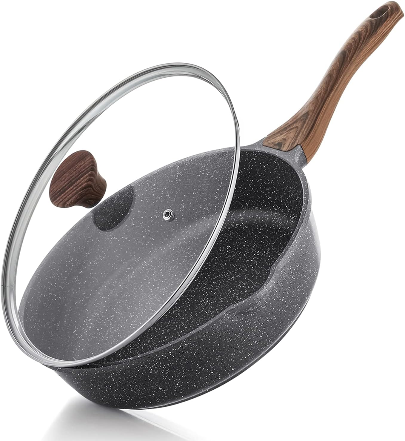 SENSARTE Nonstick Skillet - Deep Frying Pan with Lid & Stay-Cool Handle | 10-Inch Stone Cookware, Induction Compatible