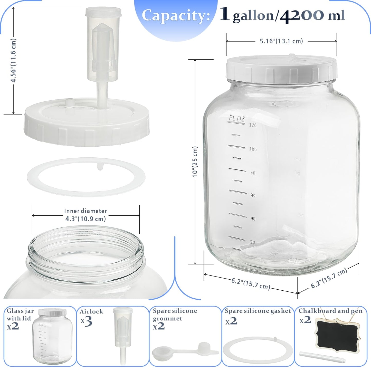 Folinstall 2 Pack 1 Gallon Large Fermentation Jars w 2 SCREW Lid and 3 Airlock - 100% Airtight Lid, Wide Mouth Glass Jar, Pickle Jar w Scale Mark for Sourdough Starter