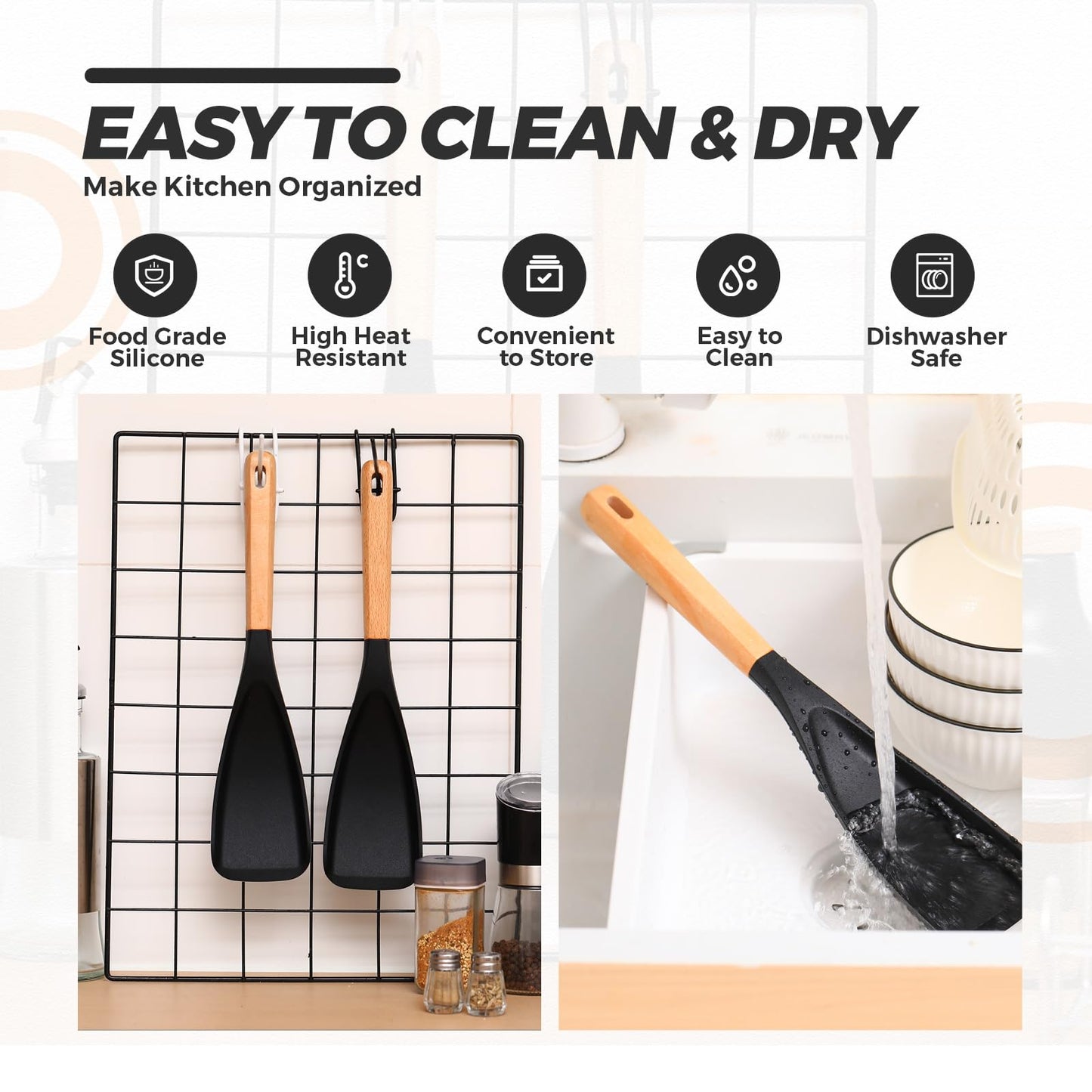 Reallnaive 4 Pcs Silicone Cooking Spoons for Nonstick Cookware 12 Inch Multifunction Spatula Spoon with Wood Handle for Cooking, Serving, Mixing, Scoop, and Scrape(Black)