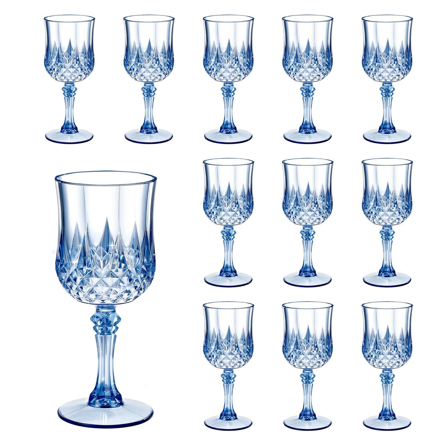 Dualshine 12 Pcs Blue Plastic Wine Glasses, Blue Transparent Plastic Goblets for Wedding Reception, Drinking Glasses for Parties, Valentine's Day, Birthdays