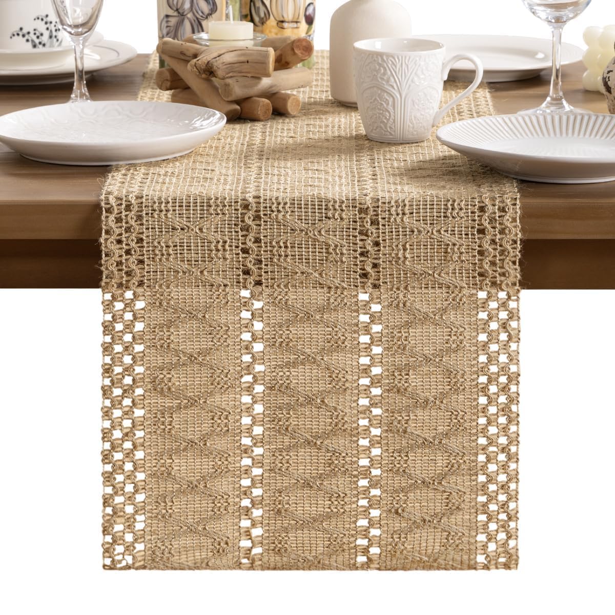 MLMW Boho Table Runner 36 inches Small Coffee Table Runner Rustic Burlap Macrame Jute Table Runner Dresser Runners for Bedroom Living Room Home Decor