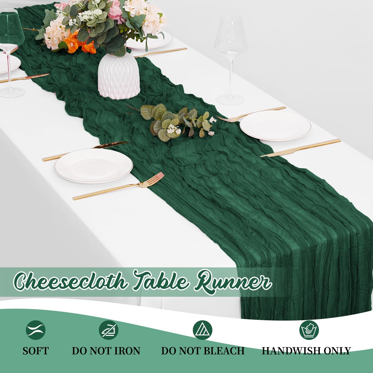 8 Pack Emerald Green Cheesecloth Table Runners 20x120 Inch Gauze Table Runner Cheese Cloth 10FT Green Table Runner Rustic Sheer Runner for Wedding Baby Shower Birthday Party Table Decor