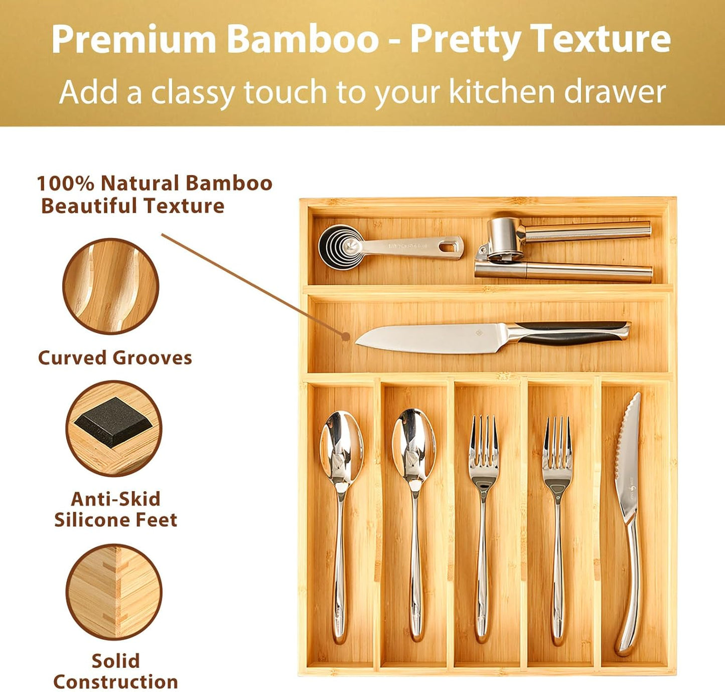 Umilife Bamboo Kitchen Drawer Organizer - Extra Deep 7-Slot Utensil Tray for Flatware | 13 Inch Bamboo Caddy