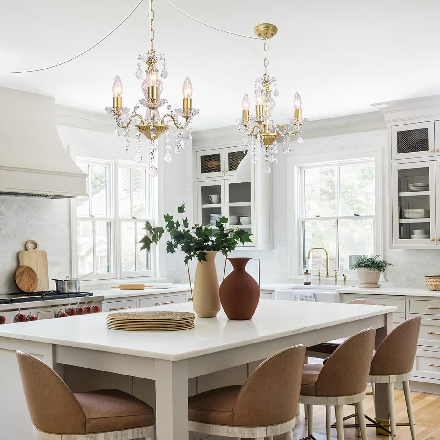 Plug in Modern 3-Light Gold Chandelier with Glass Crystals, Candle Style Pendant Light Fixtures for Living Room, Girls Room, Kitchen Island, Entryway