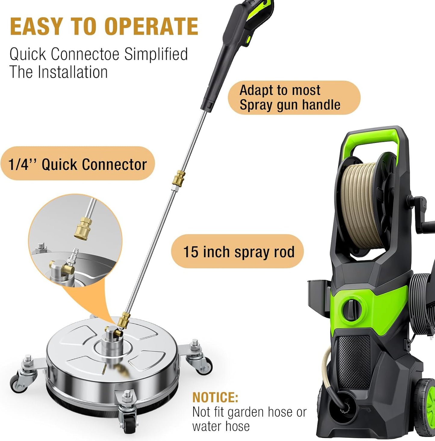 Skiennix 14" Pressure Washer Surface Cleaner - 4000 PSI, Stainless Steel, 4 Wheels, 3 Nozzles & 2 Wands