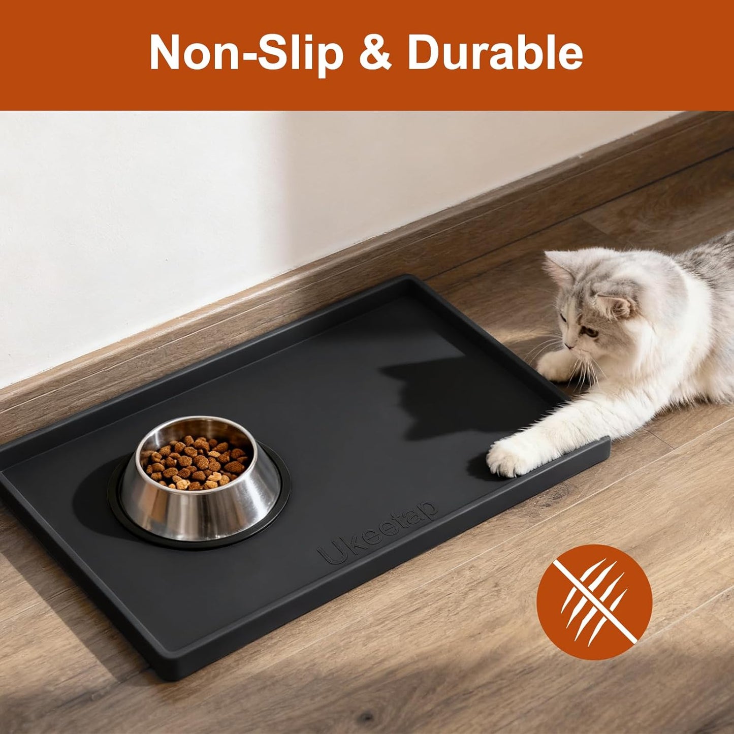 Ukeetap Extra Thick Silicone Dog & Cat Food Mat - Waterproof, Non-Slip, 19” x 12”, Black