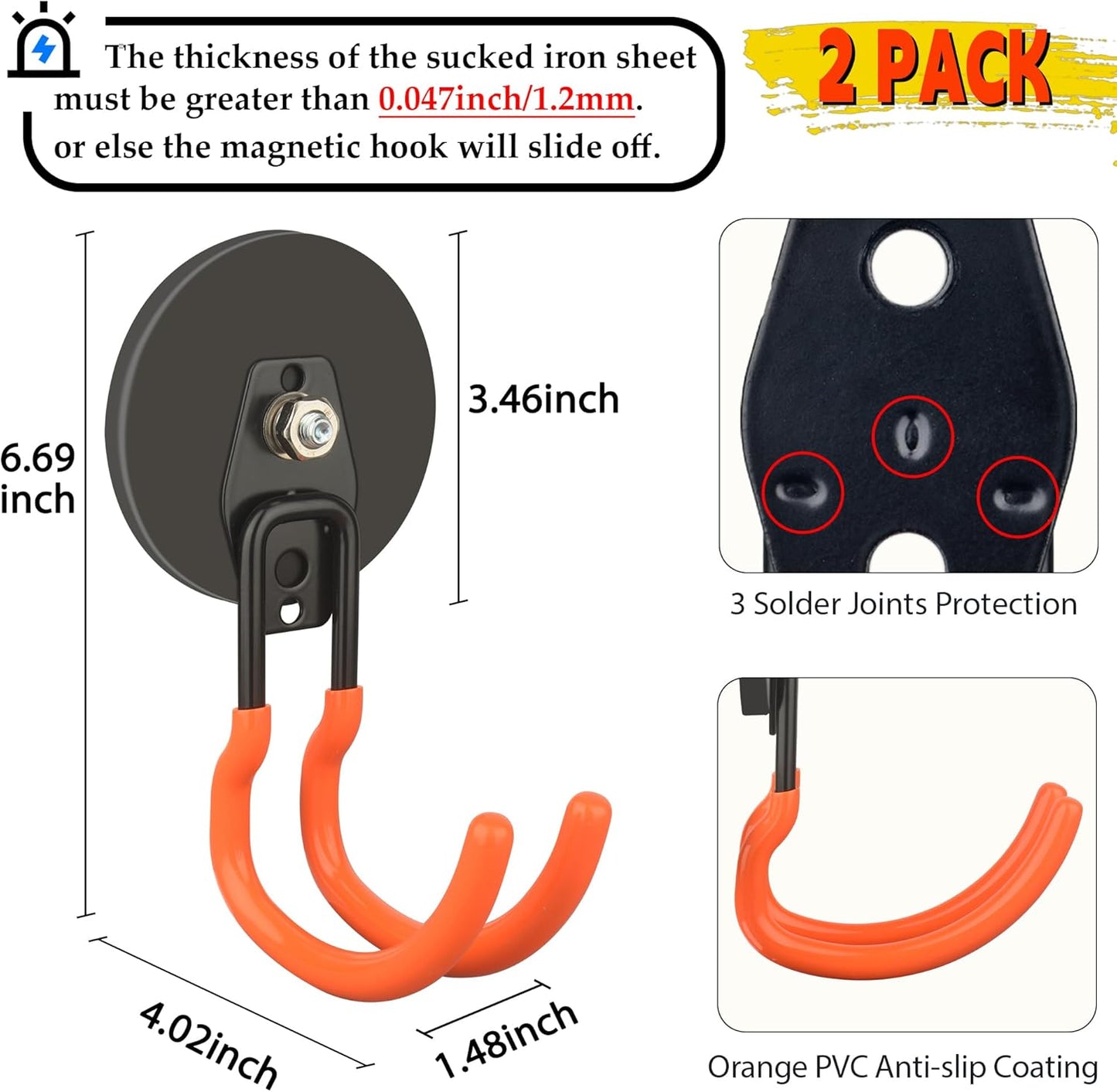 ULIBERMAGNET Ultra-Strong Magnetic Hooks - 40LB Hold for Heavy-Duty Tools | 2 Pack, Orange, 3.46 Inch