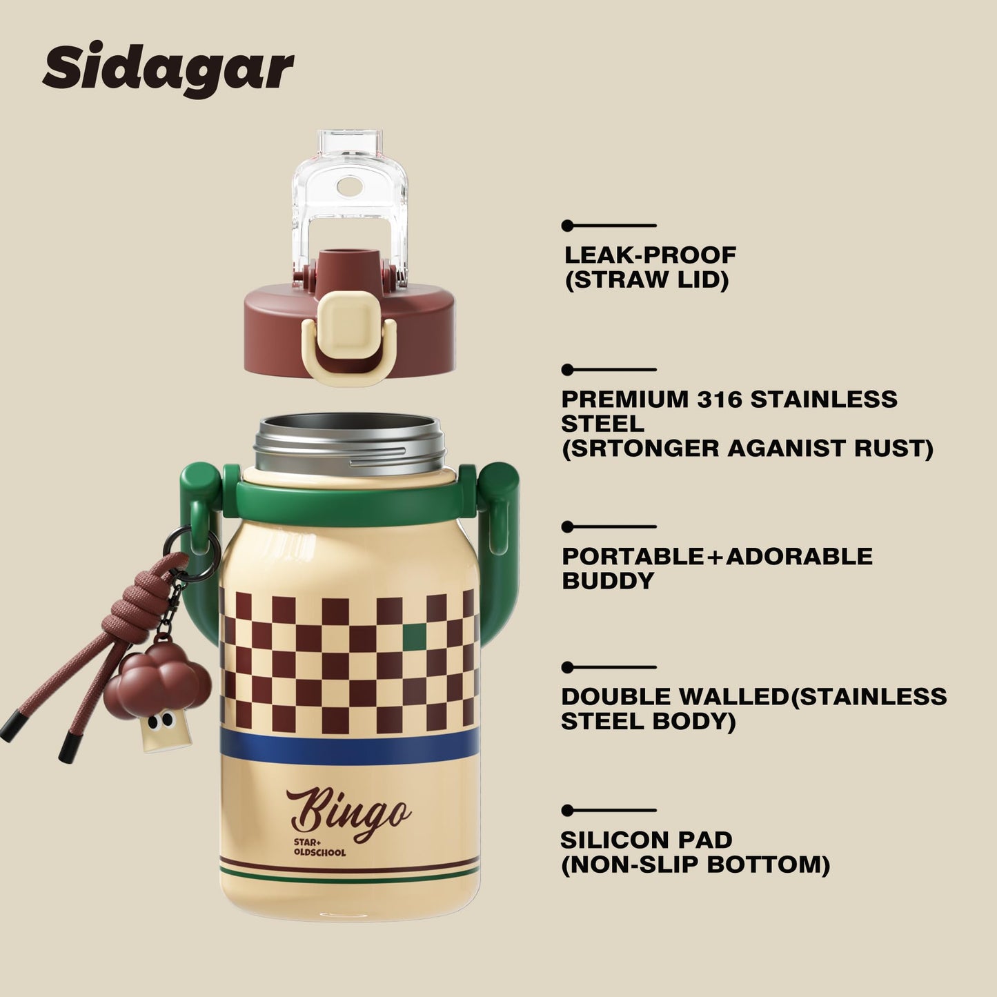 Sidagar 32 oz Insulated Water Bottle for Women with Straw & Handle, 316L Medical Grade Stainless Steel Vacuum Tumbler, Beach Vacation Essentials, Aesthetic Fashion Gift for Her, Preppy Cream Yellow