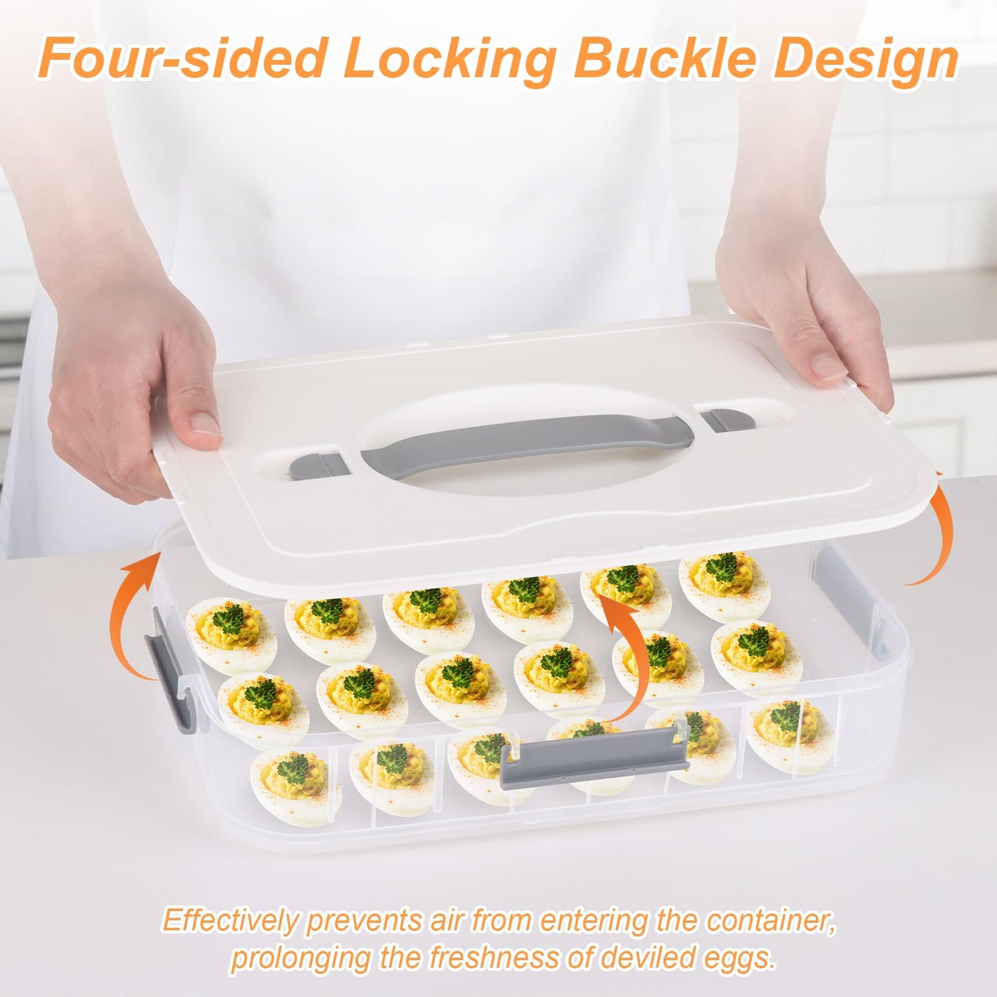 YESSWLQ 2-Layer Deviled Egg Containers with Lid, 36 Slots Refrigerator fridge organizers and storage egg cartons with Handle for Easter, with Slicer Kitchen Tongs Piping Decorating Kit