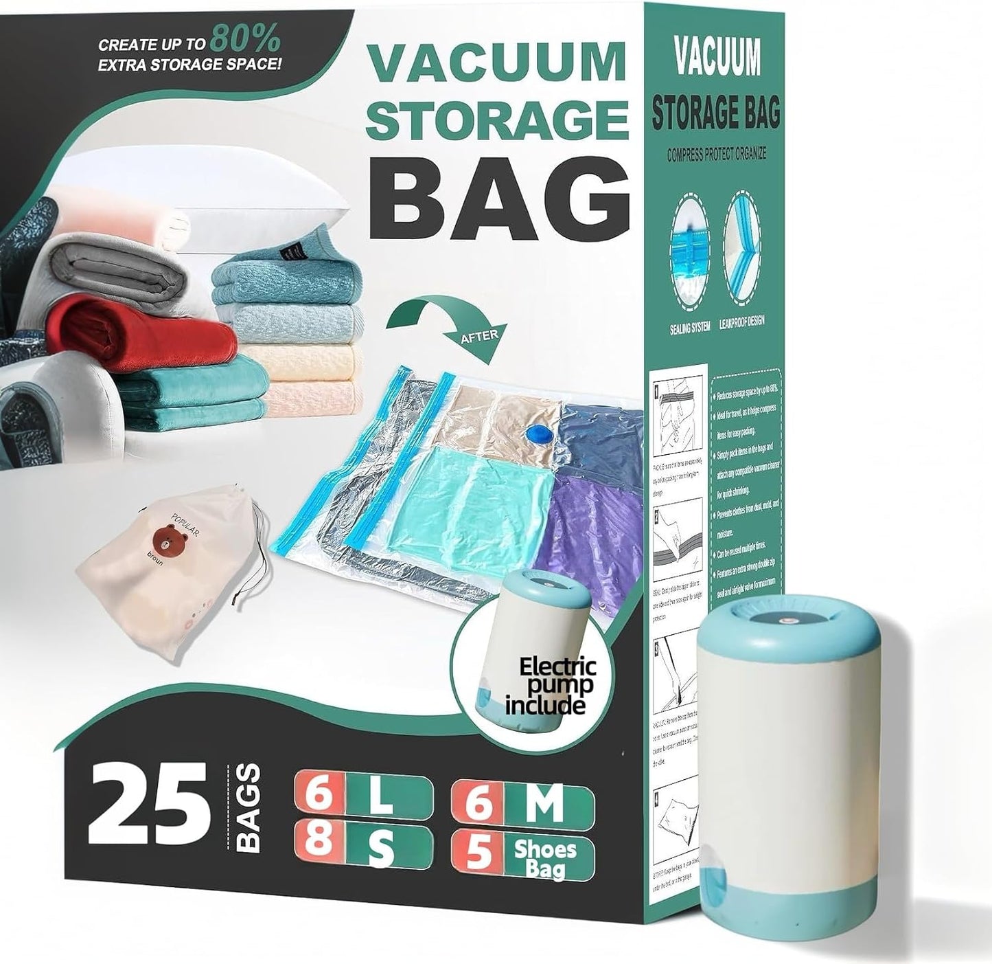 Skiennix Vacuum Bags for Travel - 25 Pack Compression Packing Bags with Rechargeable Air Pump | Space Saver for Luggage & Clothing