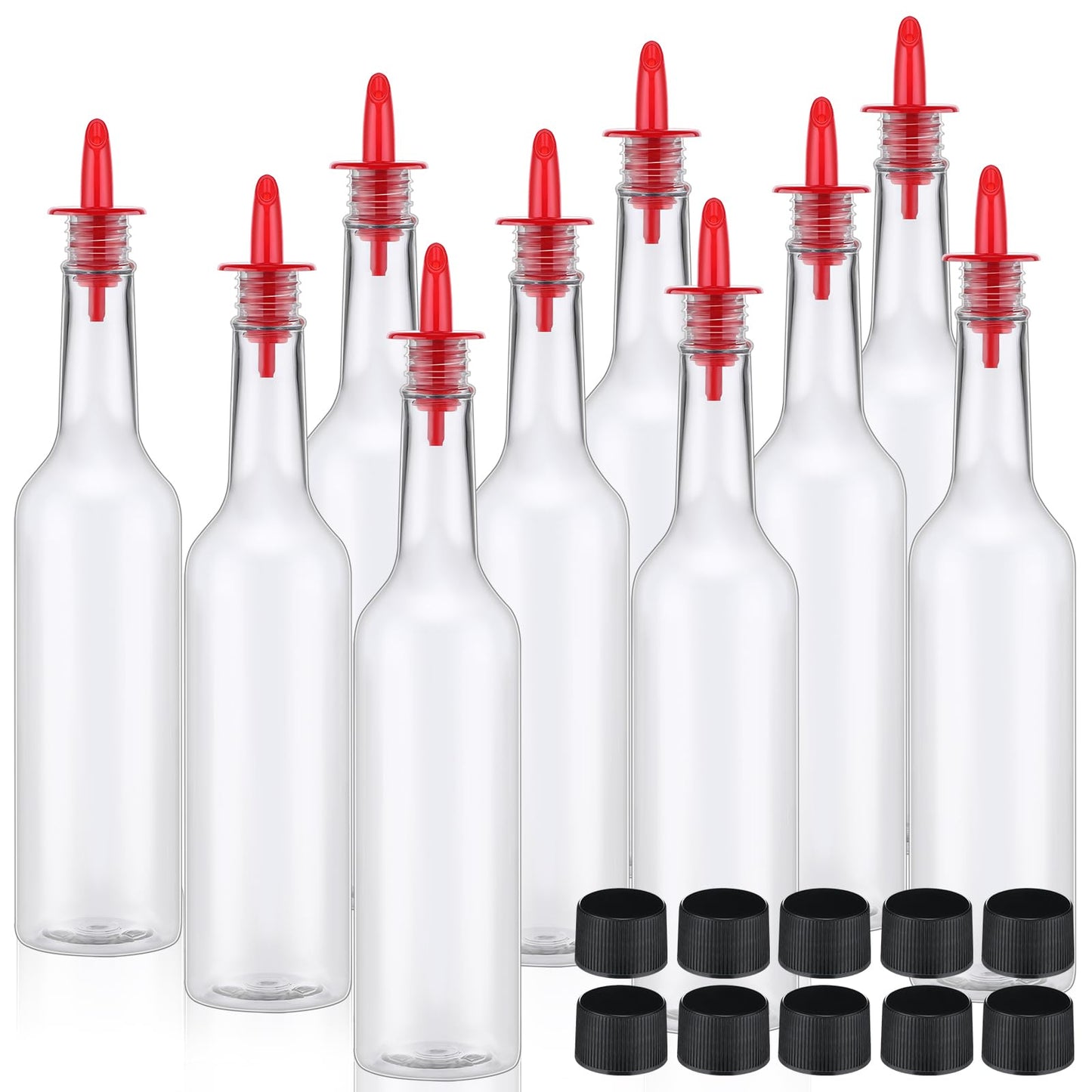 Tioncy 10 Sets 15oz Plastic Liquor Bottles with Pourers Sets 10 Plastic Long Neck Syrup Bottles with Pourer and Caps Reusable Leakproof for Home Party Bar(Red)