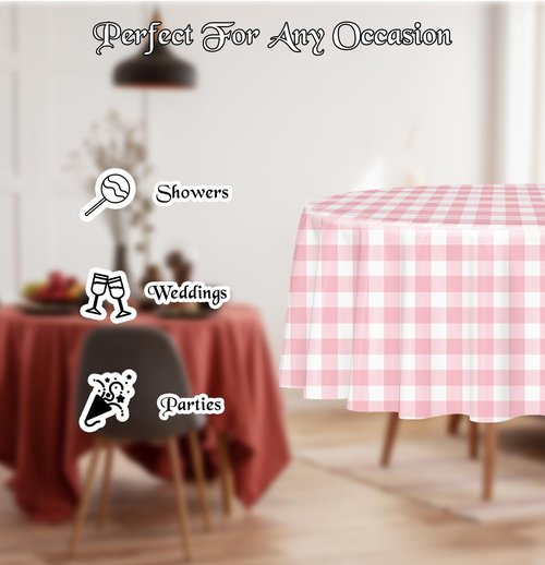 HEIPINIUYE 2 Pack Pink and White Round Checkered Tablecloth 84 × 84 Pink Plaid Table Cover Disposable Tablecloth for Round Tables Party Picnic Camping Birthday Plastic Gingham Table Cloth
