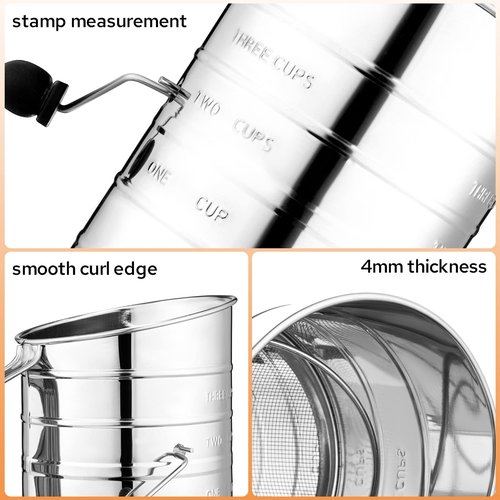 HULISEN 3-Cup Flour Sifter for Baking, Stainless Steel Rotary Hand Crank Sifter, Powdered Sugar & Cocoa Shaker