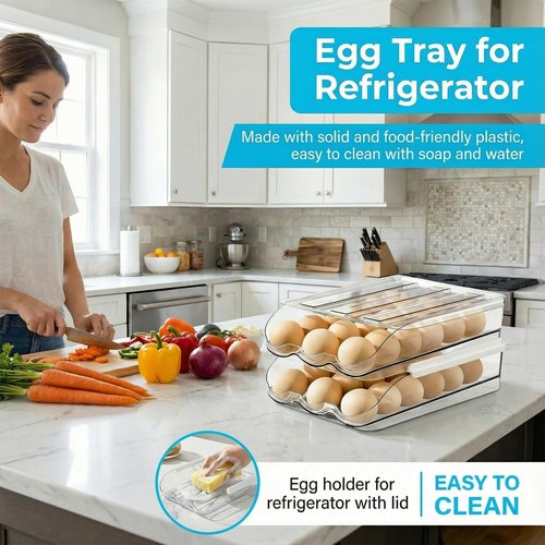 2 Tier Egg Holder for Refrigerator with Lid, Large Capacity Holds 36 Eggs in Clear Plastic Container Stackable Bin Organizer for Kitchen Storage, Refrigerator
