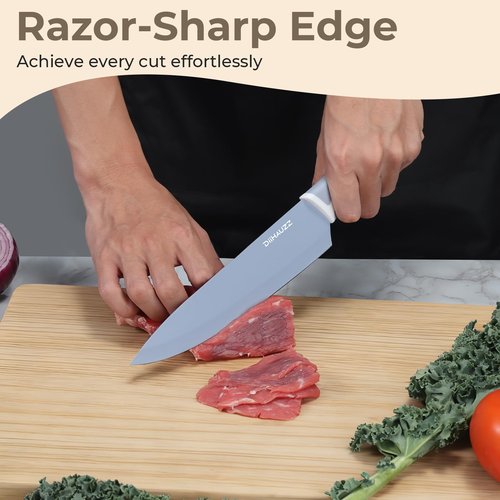 DiiHAUZZ Knife Set, 12 Pieces Kitchen Knives Set with Healthy Non-Stick Coating, Dishwasher Safe Anti-Rust Stainless Steel Knives with 6 Blade Guards, Ergonomic Handles, Ideal Gift Set