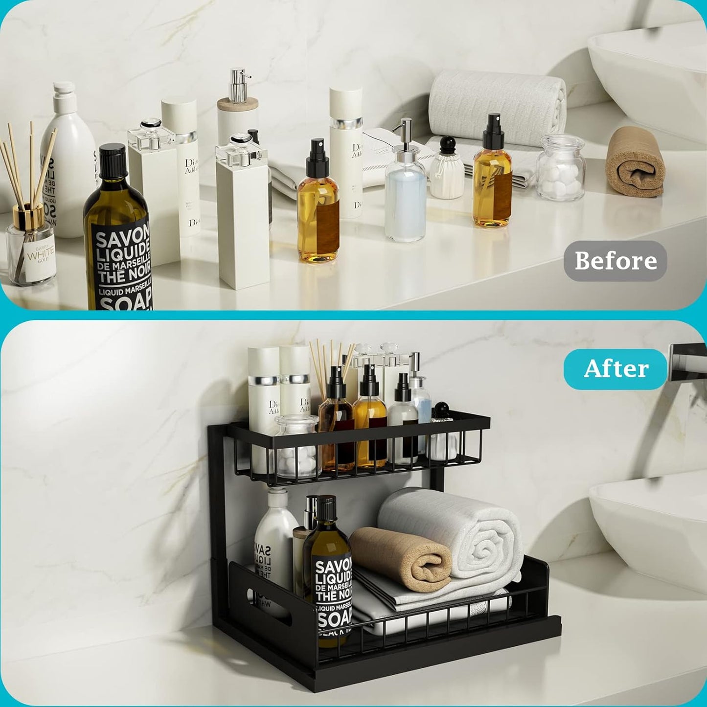 REALINN Under Sink Organizer - 2-Tier Pull-Out Cabinet Storage Shelf | Black, Easy Access Design