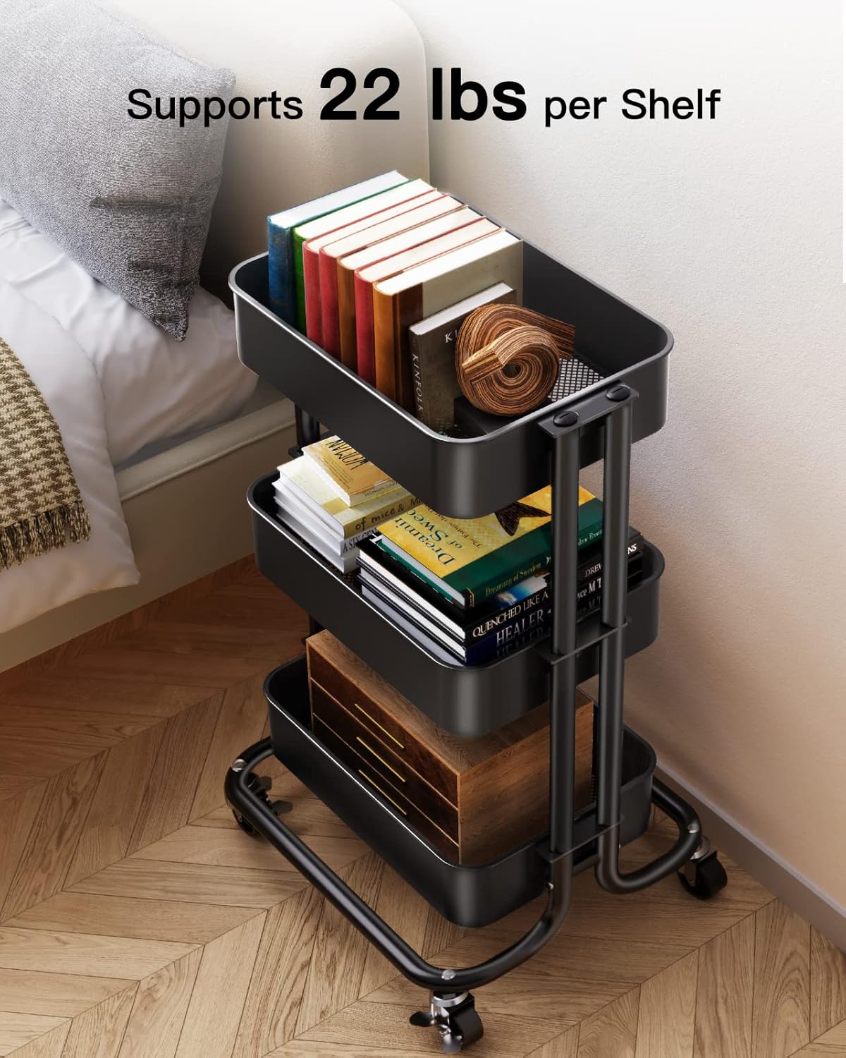 Pipishell 3-Tier Metal Rolling Utility Cart - Heavy-Duty Storage with Lockable Wheels | Black