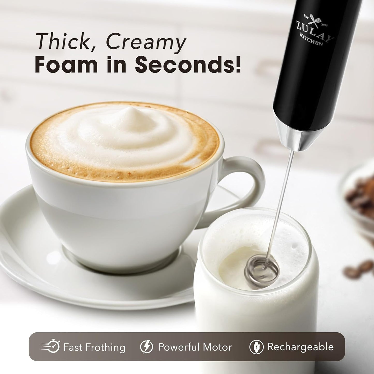 Zulay Kitchen Rechargeable Milk Frother - Powerful 2-Speed Motor, 2000mAh Battery - Jet Black Drink Mixer for Latte & Cappuccino