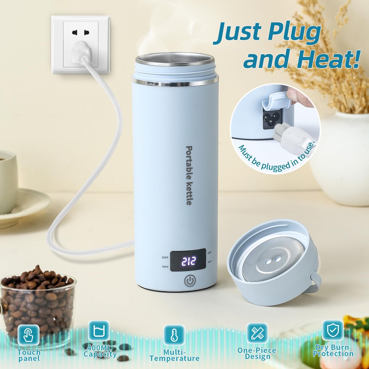 Travel Electric Kettle Portable Mini Kettle,Small Hot Water Boiler with 4 Temperature Settings,304 Stainless Steel, Fast Boiling Water with Auto Shut-Off and Boil Dry Protection,400ML