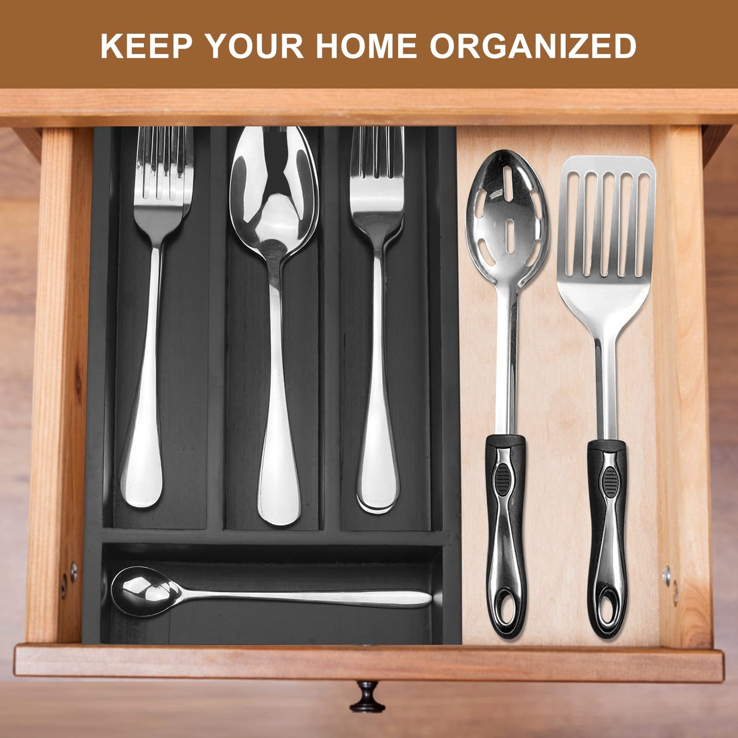 Small Silverware Organizer Narrow Wooden Cutlery Tray 12"x6.7" Spoon Kitchen Utensil Holder for Drawer Divider Bamboo Cutlery Drawer Organizers Storage Black Wood Silverware Tray Flatware Organizer