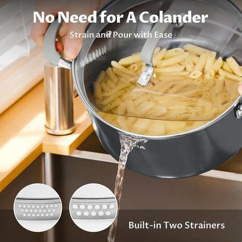 BEZIA Nonstick Stock Pot - 6 Quart PFAS-Free Ceramic Soup Pot with Strainer Lid | Induction Compatible, Dishwasher Safe