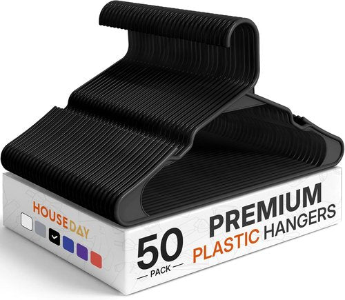 HOUSE DAY Plastic Hangers - 50 Pack Black Non-Slip Clothes Hangers for Space-Saving Closet Organization