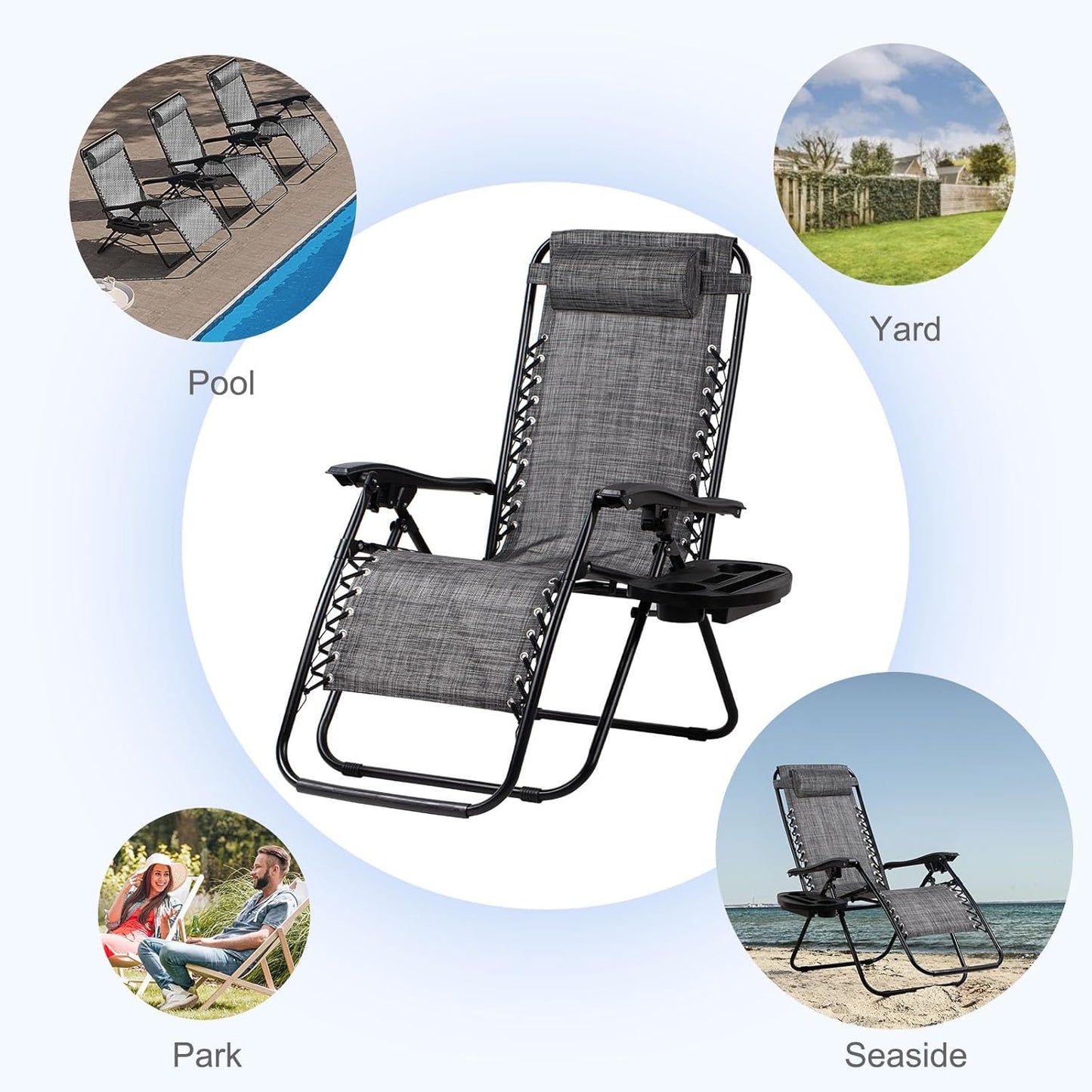 Nazhura Adjustable Zero Gravity Lounge Chairs - Set of 2 Relaxing Patio Recliners with Pillow & Cup Holder | Grey