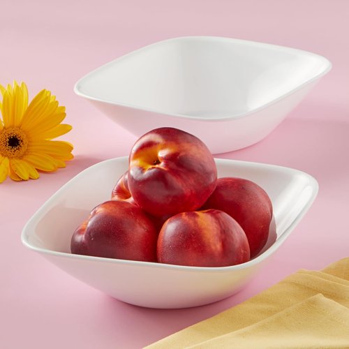 Corelle Vitrelle 2-PC Large Glass Serving Bowl Set - Crack & Chip Resistant, White Square Design