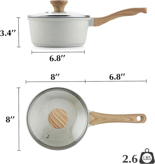 SENSARTE White Ceramic Nonstick Saucepan with Lid Set, Small Cooking Pot with Stay Cool Handle, Induction Compatible Saucepot, White Granite Coating, PFOA/PFAS Free, 1.5 + 2.5QT