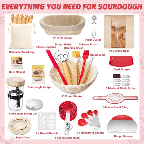 EWFEN Sourdough Starter Kit with Round & Oval Banneton, Complete Sourdough Bread Baking Supplies, Bread Proofing Basket with Starter Jar, Bread Making Tools Kit for Beginners & Bakers