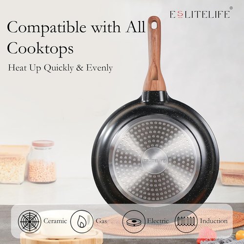 Eslite Life Nonstick Ceramic Frying Pan - Safe & Versatile Skillet with Lid | 8" Black, Compatible with All Stovetops