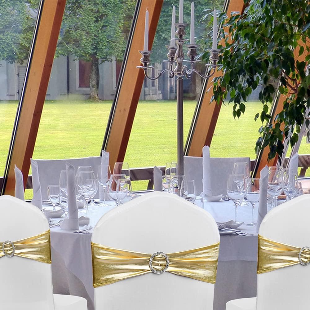 Spandex Gold Chair Sashes - 50 Pack Stretch Bands with Buckles for Wedding & Event Decor - Metal Gold
