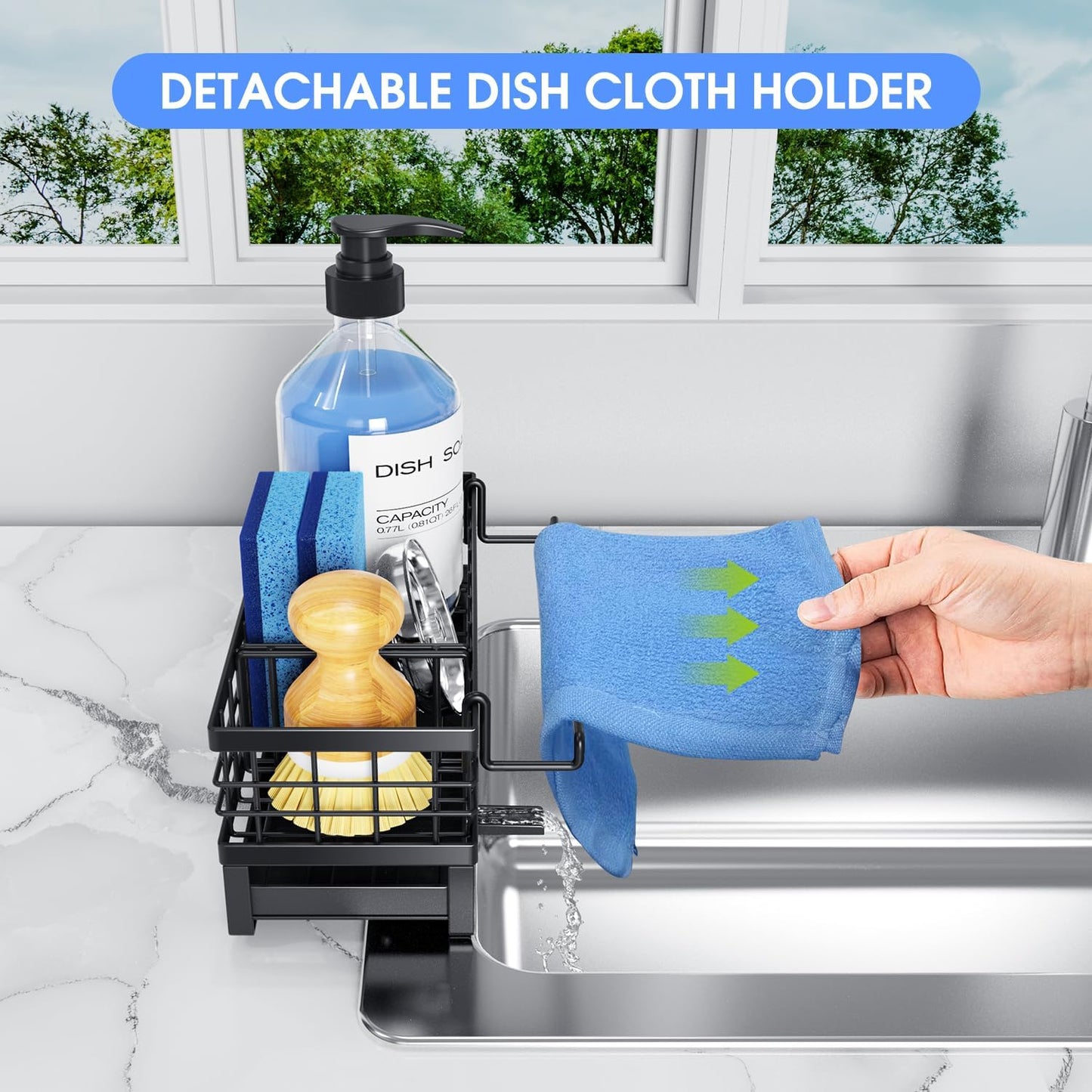 Rustproof Kitchen Sink Sponge Holder - Non-Slip Self-Draining Metal Caddy with Detachable Dish Cloth Holder | Black