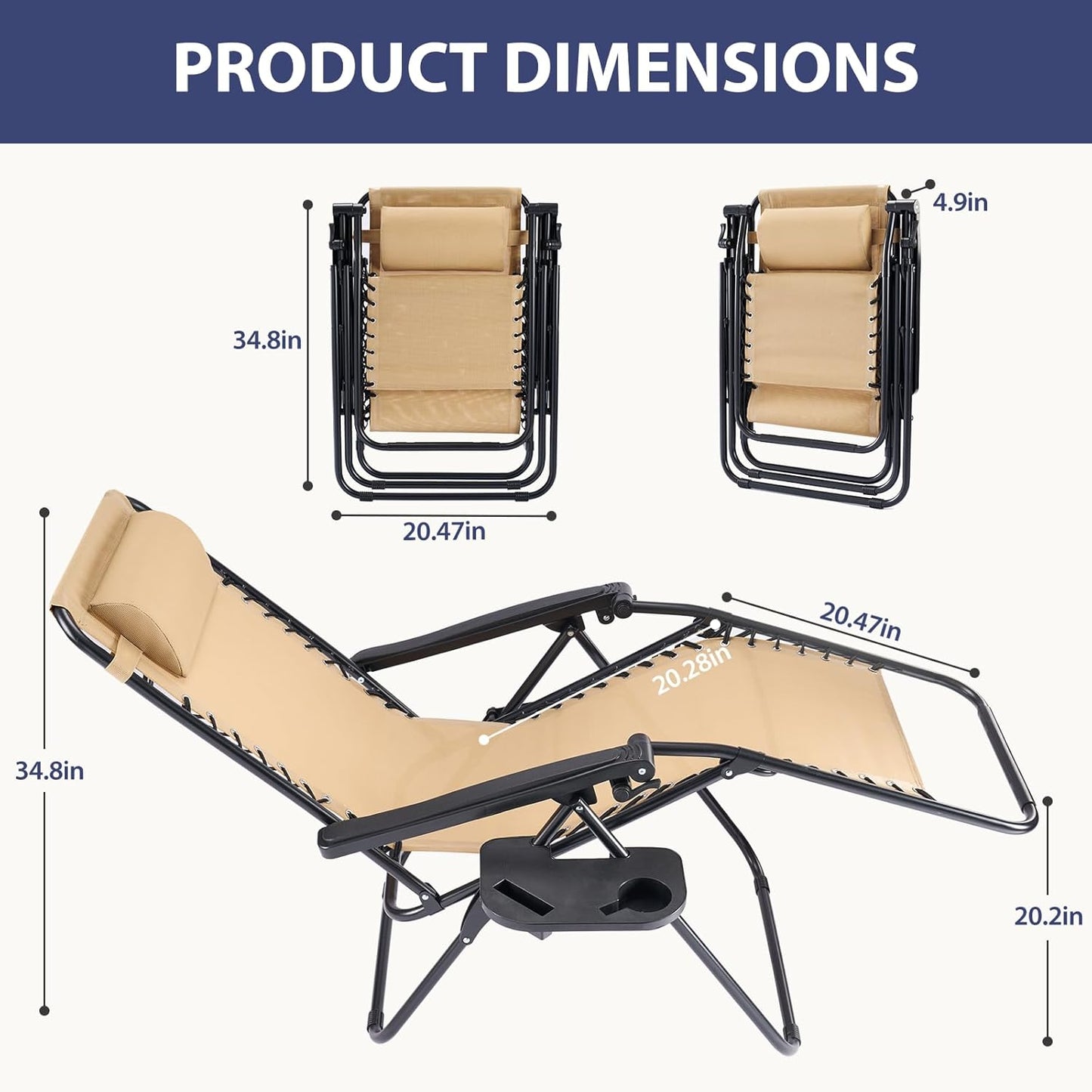 Sweetcrispy Zero Gravity Chairs - Set of 4 Portable Recliners with Cup Holders & Adjustable Pillows | Khaki Outdoor Lounge Chairs for Beach & Patio