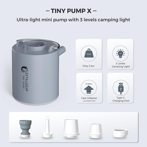 FLEXTAILGEAR Tiny Pump X | Portable Air Pump & Camping Light | USB Rechargeable 1300mAh Battery