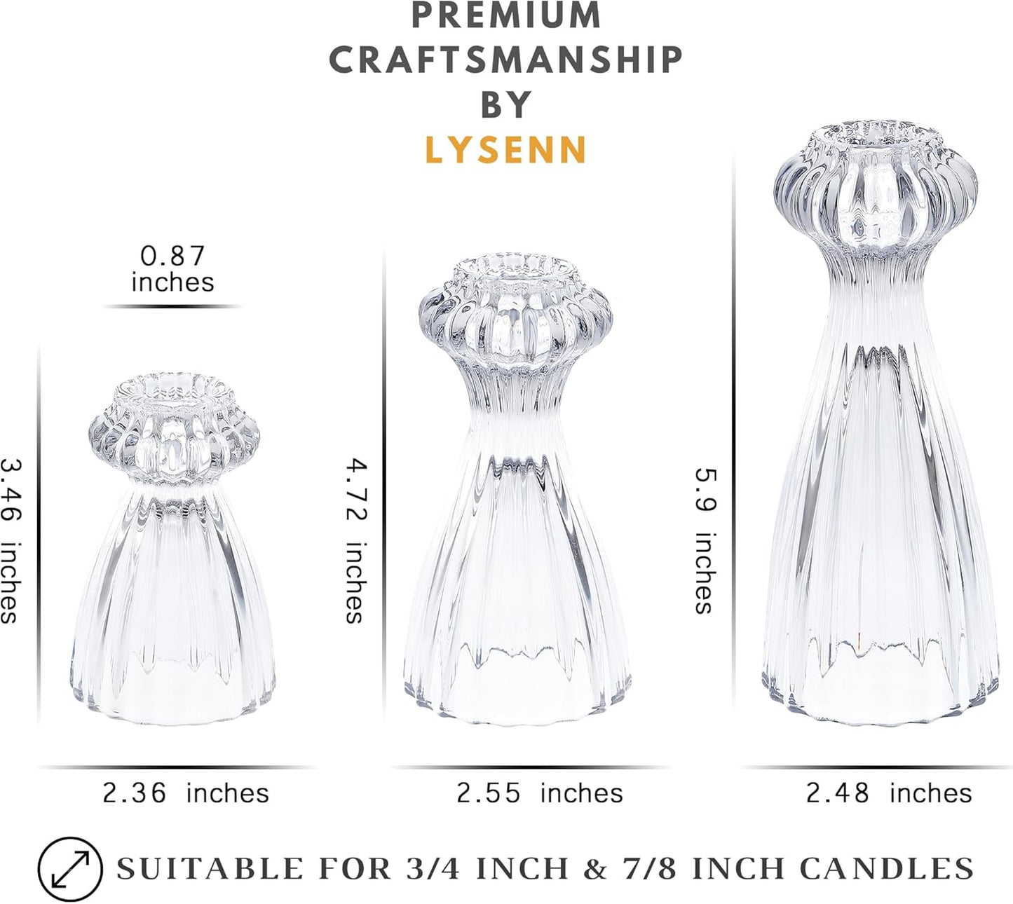 Lysenn Glass Candle Stick Holder Set of 3 - Elegant Taper Holders for Romantic Ambiance | Clear Decor