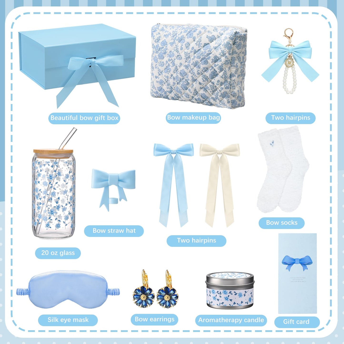 Skylety Blue Floral Gift Baskets for Teen Girls, Women Mothers Day Gifts Trendy Stuff Coquette Bow Teen Girl Self Care Birthday Box Gift for Her, Sister Friend Women Sweet 16th 18th 21st Box