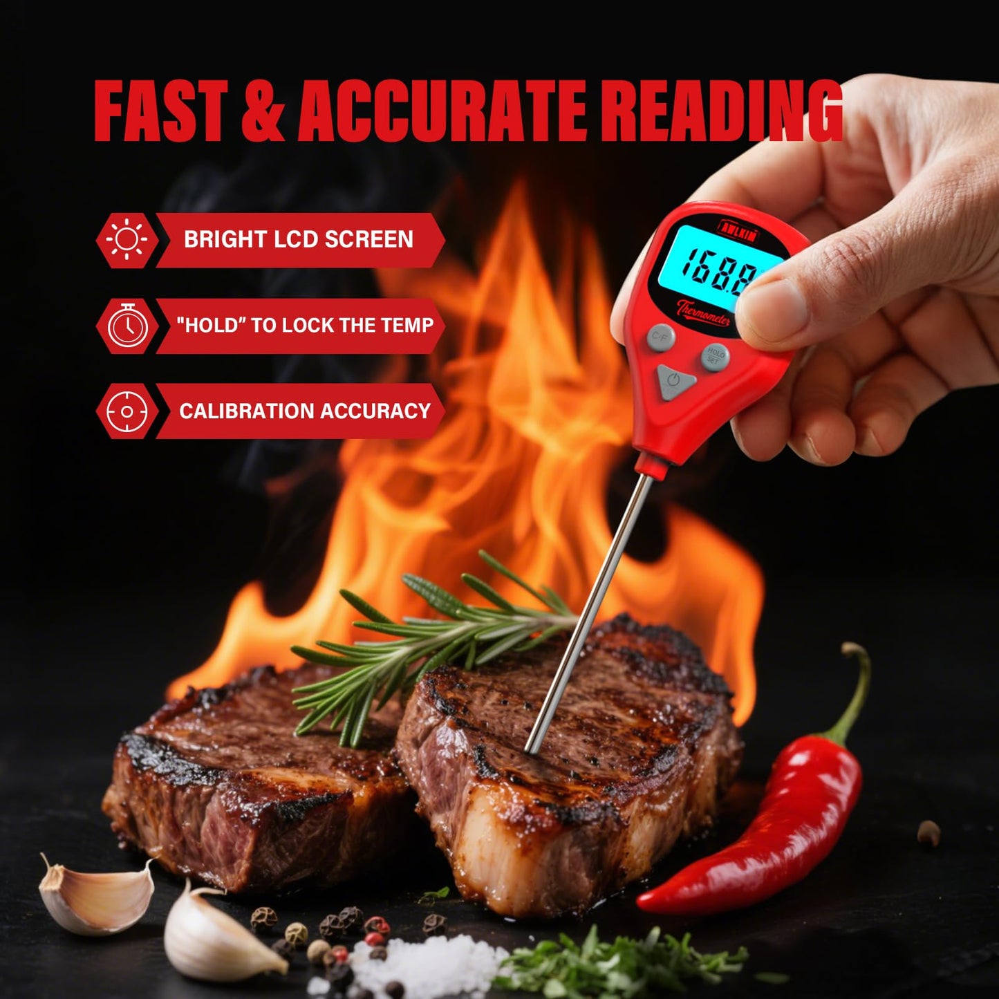 AWLKIM Digital Meat Thermometer with 40-Inch Leave-in External Probe, Rechargeable Instant Read Food Thermometer for Grill BBQ Smoker Oven Kitchen, IP67 Waterproof, Audible Alarm & Hold Function