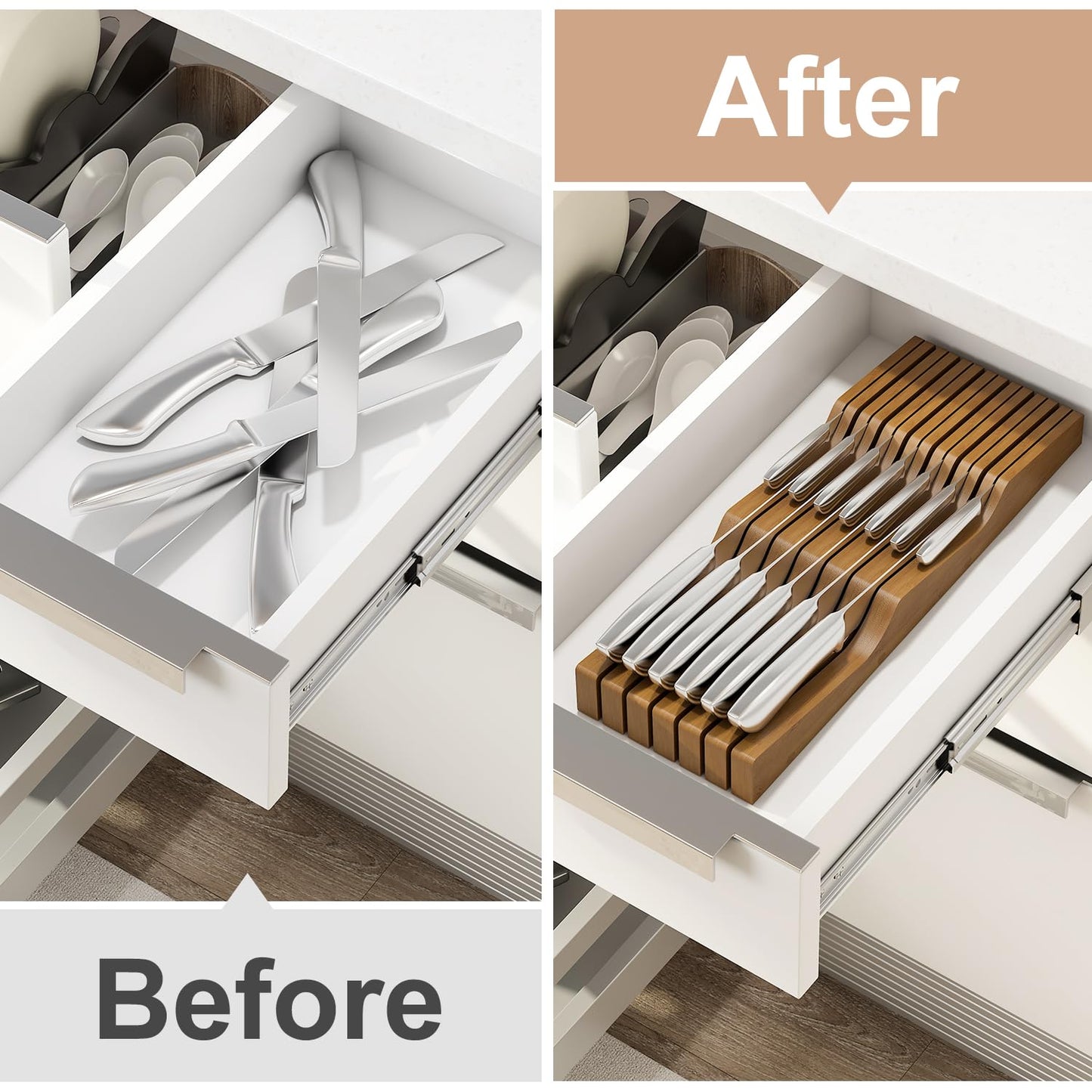 In-Drawer Knife Block Organizer - Bamboo Wood Drawer Knife Organizer-Protecting Knife Organizer Block (Not Included) (Brown, 13 Knives Dock)