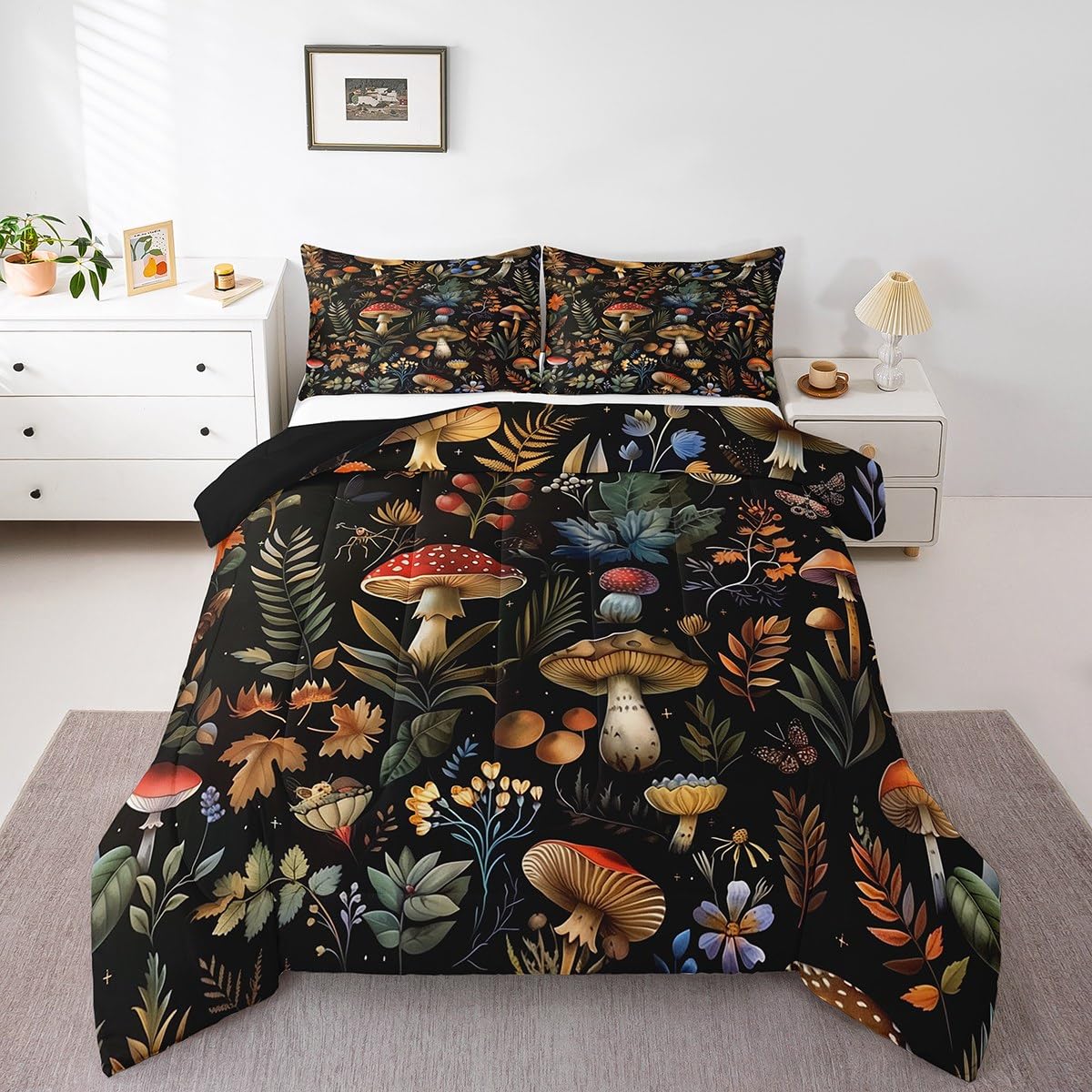 Feelyou Wild Mushroom Bed Comforters Set Twin Size,Burgundy Plant Fallen Leaves Super Soft Microfiber Bedding Set for Girls Boys,Botanical Plant Decorative Comforter Set,1 Pillowcase