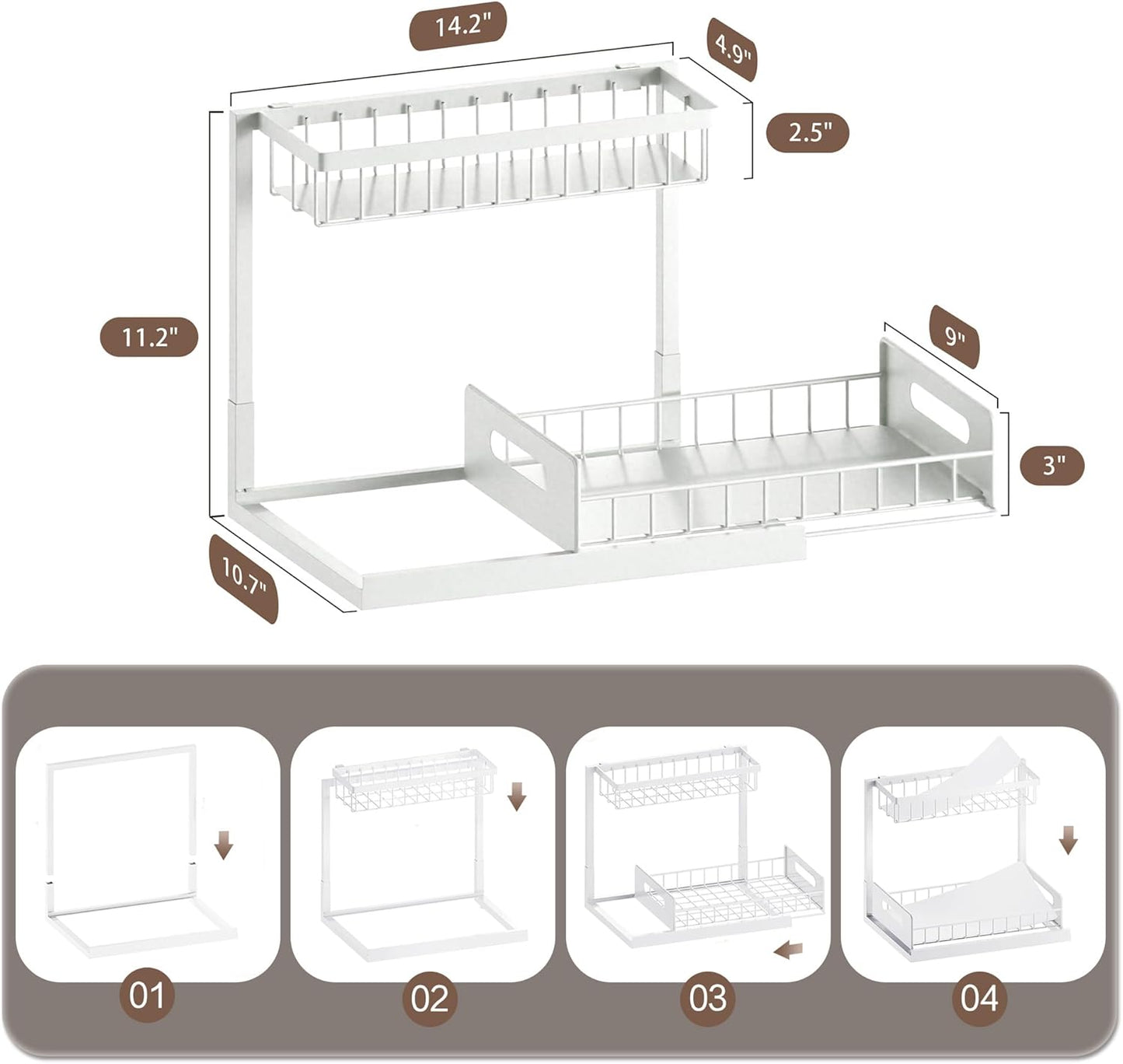 VUSIGN 2-Tier Under Sink Organizer - Slide-Out Cabinet Storage Shelf | 2 Pack, White