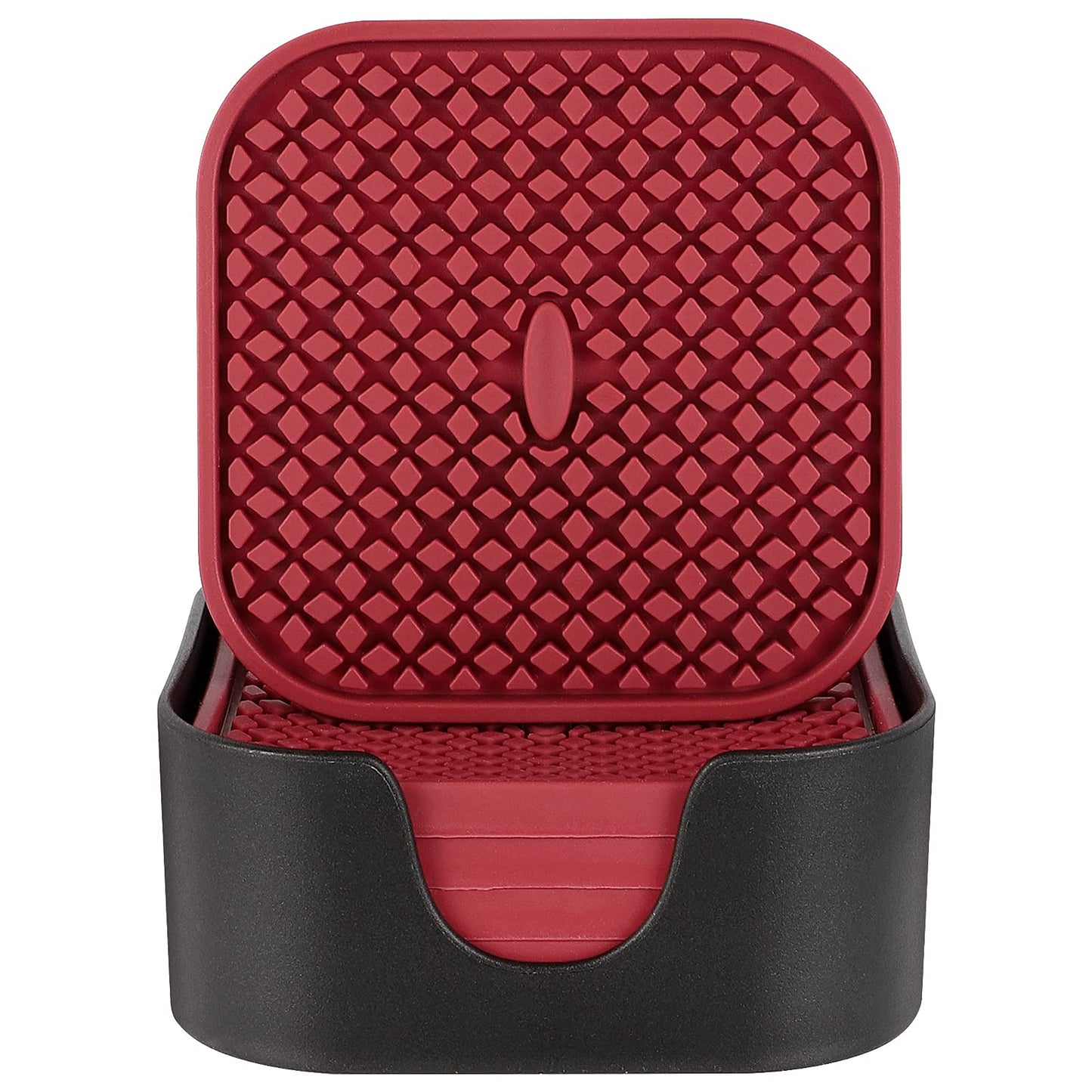 ME.FAN Silicone Coasters with Holder [6 Pack] Square Drink Cup Mat - Non-Slip, Non-stick, Stay Put, Deep Tray - Prevents Furniture and Tabletop Damages Wine Red