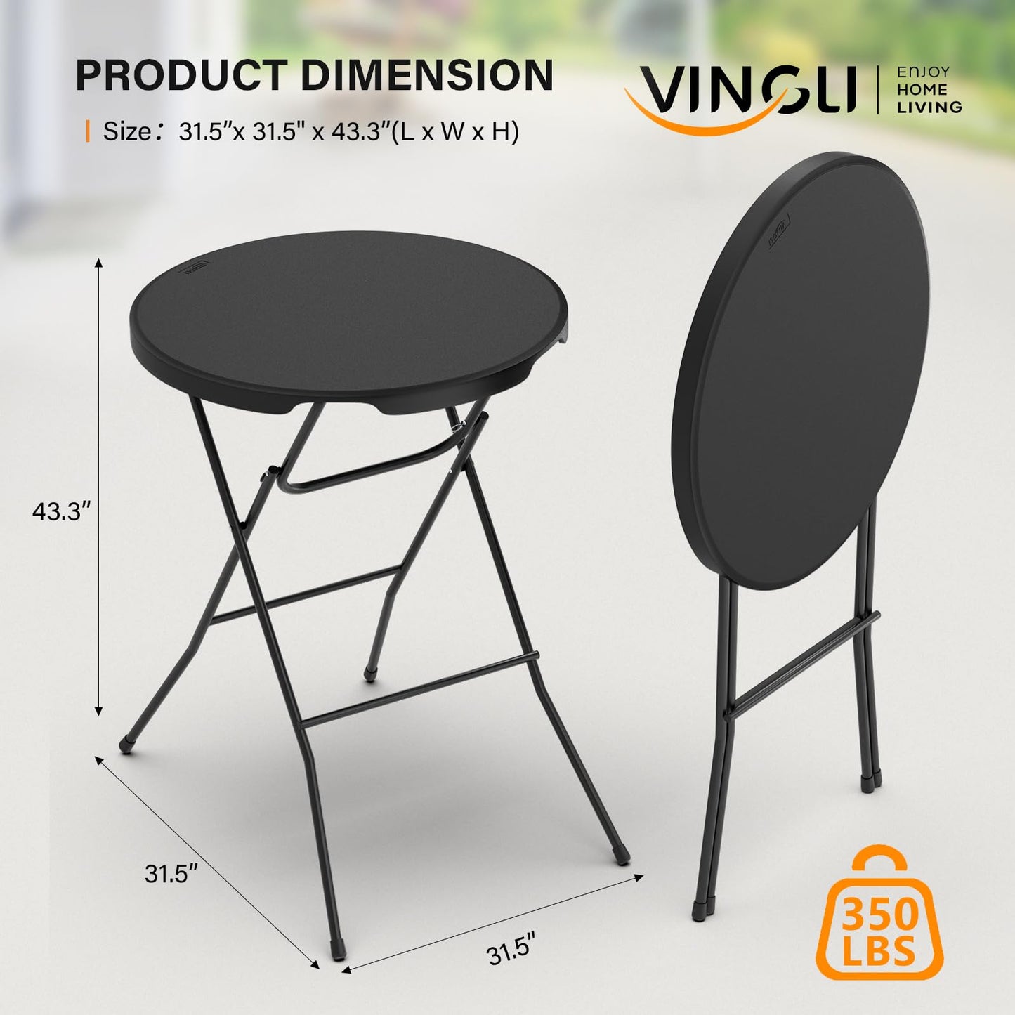 VINGLI 32" Plastic Folding Round Table Bar Height, HDPE Matrial with Gray Metal Finish, High Top Table for Outdoor Party, Cafes, Restaurants, Backyard, Dining Room, Wedding Event,1 Pack, Black