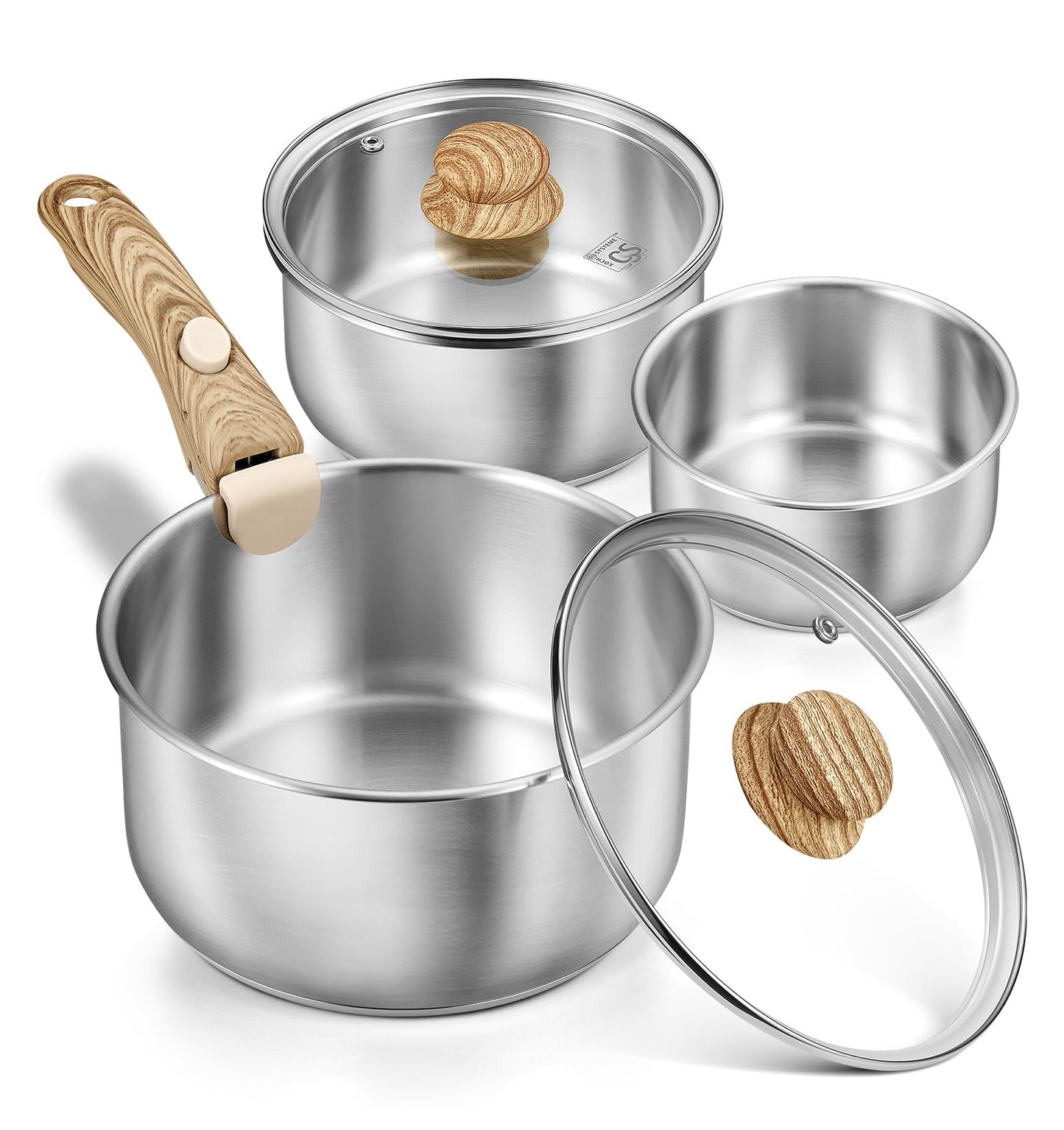 KOCH SYSTEME CS Stainless Steel Saucepan Set 1.5QT & 2QT & 3QT, Stainless Steel Pot with Removable Handle, 6pcs Sauce Pan Set with Tri-Ply Steel Base, Induction Compatible Pots, Dishwasher & Oven Safe