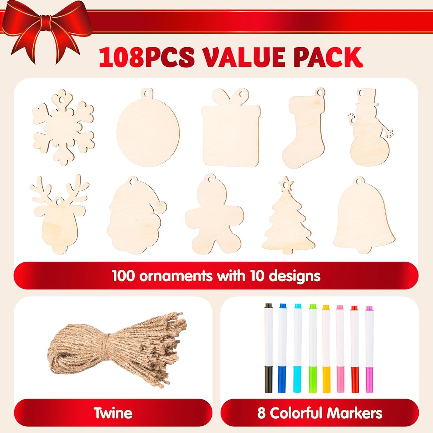 JOYIN Christmas Wooden Ornaments Craft Kit - 100 Unfinished DIY Ornaments with 8 Watercolor Pens for Kids (Ages 8+)
