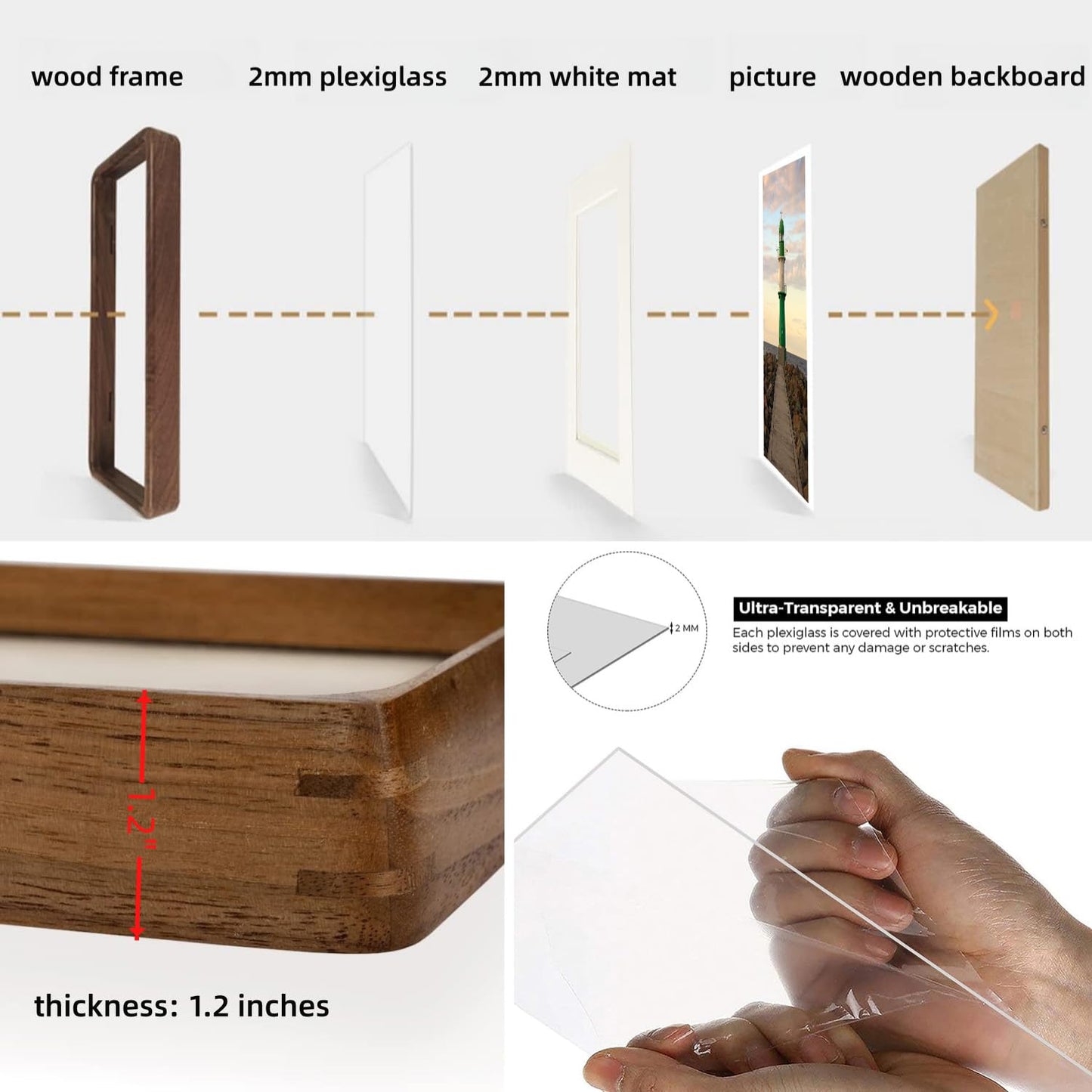 Zibrelte Natural 16x16 Picture Frame Wood with 14x14 Mat,Square Wall Photo Frames 16x16 Made of Solid Walnut Wood for Tabletop Gallery Wall Hanging