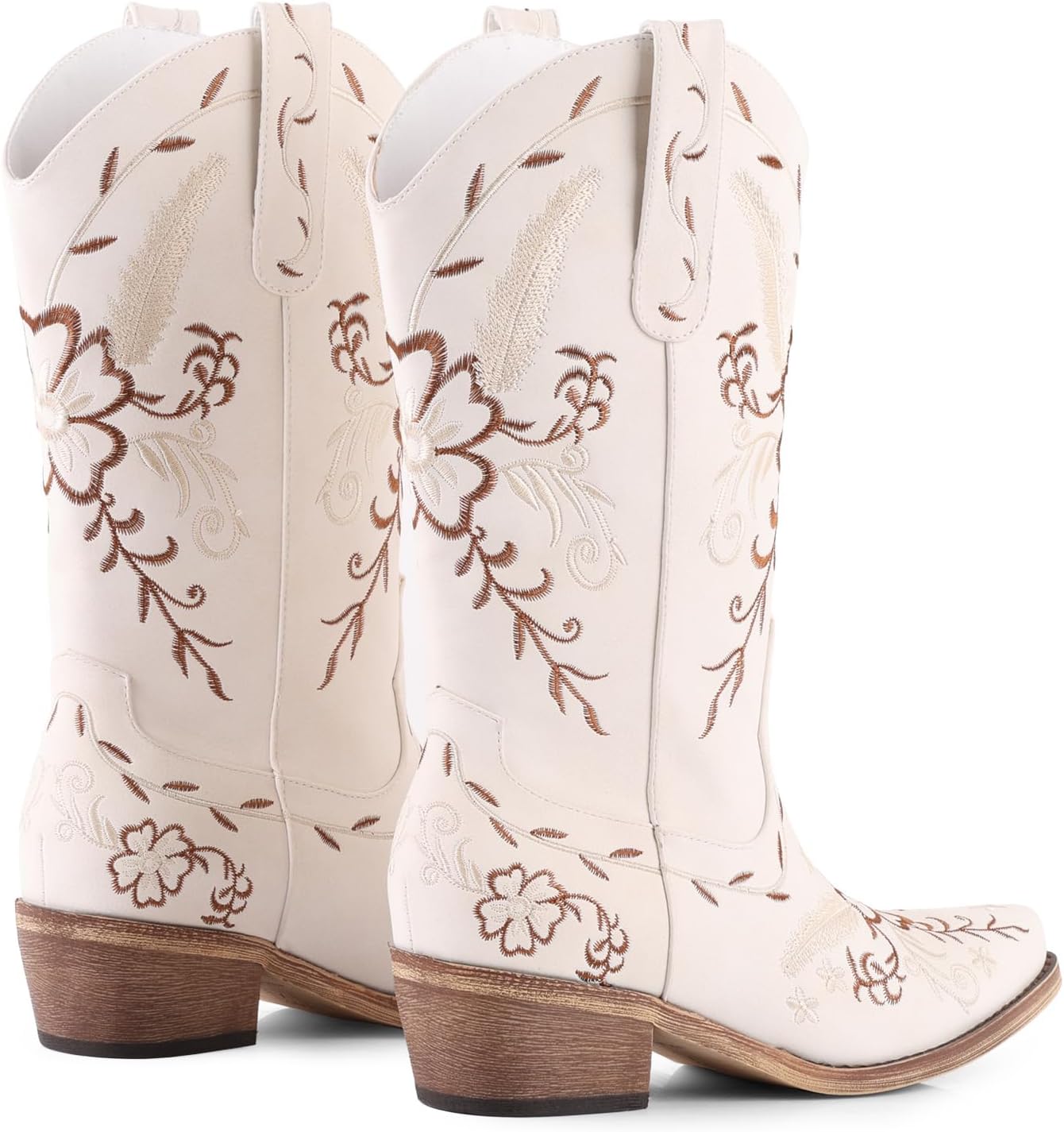 LingxiaUne Western Cowboy Boots - Stylish White Mid Calf Cowgirl Boots with Bow | Comfortable Chunky Heel