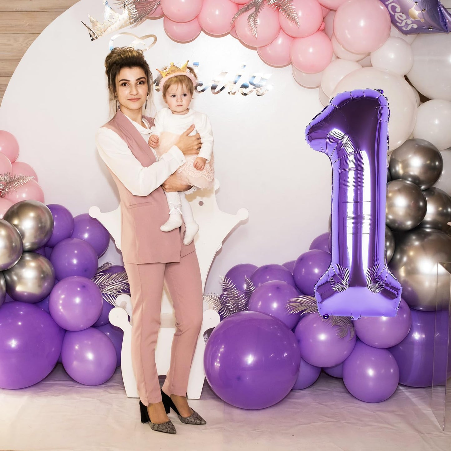 1 Number Balloon Purple 40 inch Big Foil Mylar 1st Balloons for 1 Year Old Boy Girl Birthday Party Decorations Wedding Anniversary Events Supplies